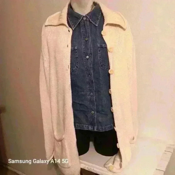 Women's Cherokee 100% Cotton Chunky Collared Ivory Sweater Cardigan Pockets - Picture 1 of 9